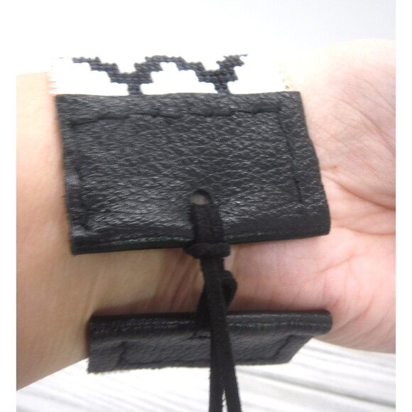 Loom Beaded Bracelet White & Black w/ Leather - Picture 5 of 5